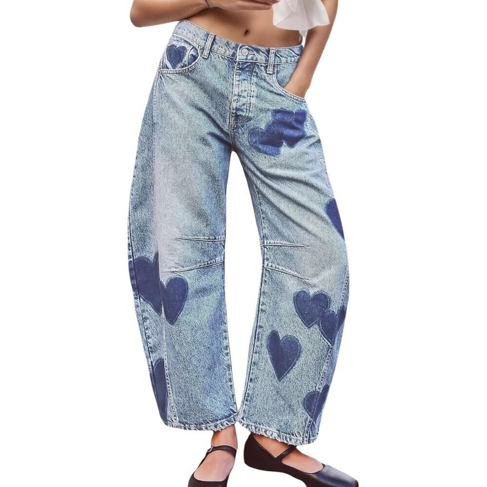 Women's Wide Leg Denim Pants Low Waist Heart Pattern Casual Loose Fit